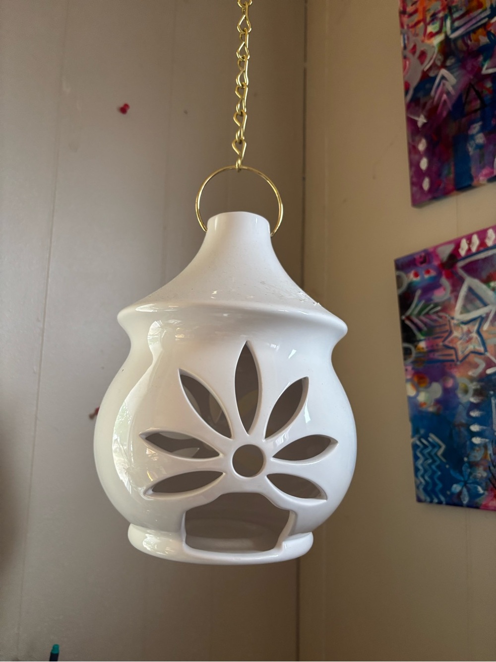 PartyLite Sonata White Floral Ceramic Hanging Candle Lantern Home Accent